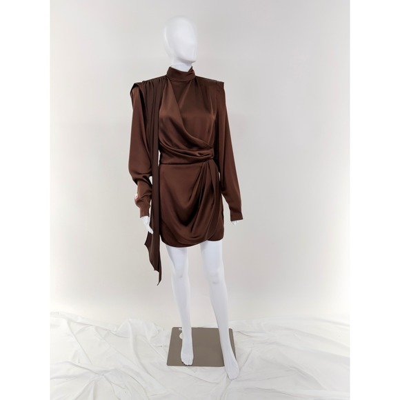 Ronny Kobo Brown Satin Draped Mock Neck Long Sleeve Mini Dress Size S - Picture 3 of 10